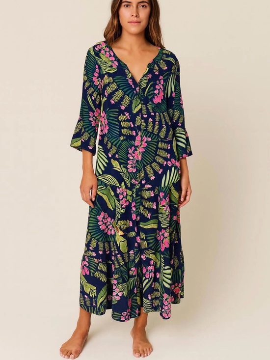 Michelle Mcdowell Dresses & Skirts - Michelle McDowell SZ XL Maxi Navy Dress Pink/green Florals Vneck 3/4 Bell Vacay
